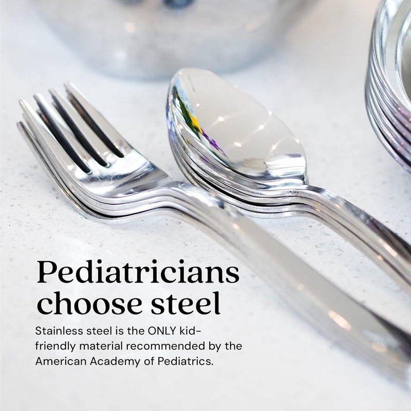 Ahimsa Stainless Steel Kids Utensils Set, Pediatrician Designed, Premium Kids Silverware, Non Toxic, Dishwasher Safe, Big Kid Fork and Spoon - Image 1